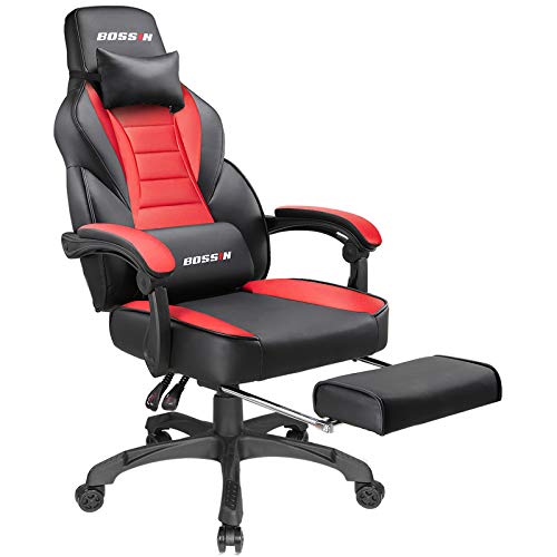 Gaming Chair Racing Style Office Ergonomic Chair High-Back PU Leather Design PC Computer Gaming Chair Adjustable Height Swivel Chair with Footrest, Headrest and Lumbar Support (Red)