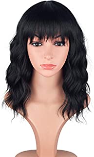 Shoulder Length Curly Wavy Synthetic Hair Wigs With Bangs For Black Women 14 Inches (Natural Black)