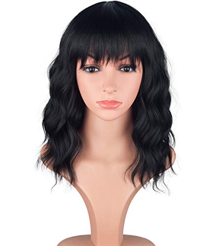 Shoulder Length Curly Wavy Synthetic Hair Wigs With Bangs For Black Women 14 Inches (Natural Black)