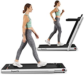 Goplus 2 in 1 Folding Treadmill, 2.25HP Under Desk Electric Treadmill, Installation-Free, with Bluetooth Speaker, Remote Control and LED Display, Walking Jogging Machine for Home/Office Use (Silver)