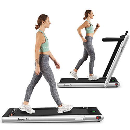 Goplus 2 in 1 Folding Treadmill, 2.25HP Under Desk Electric Treadmill, Installation-Free, with Bluetooth Speaker, Remote Control and LED Display, Walking Jogging Machine for Home/Office Use (Silver)