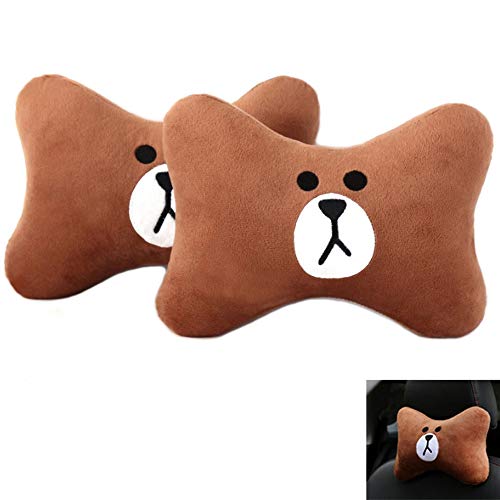 2Pcs Car Headrest Pillow, Cartoon Car Neck Pillow, Comfortable Soft Car Seat Pillow, Head Rest Cushion, Universal Headrest Pillow for Travelling and Home (Brown)