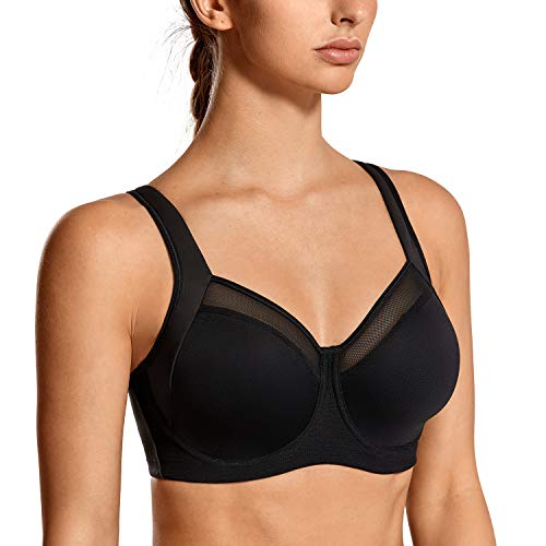 SYROKAN Women's High Impact Workout Running Powerback Support Underwire Sports Bra Black 34DD