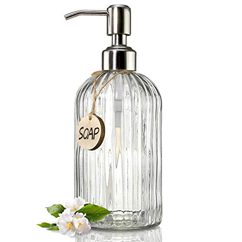 JASAI 18 Oz Clear Glass Soap Dispenser with Rust Proof Stainless Steel Pump, Refillable Liquid Hand Soap Dispenser for Bathroom, Premium Kitchen Soap Dispenser (Clear)