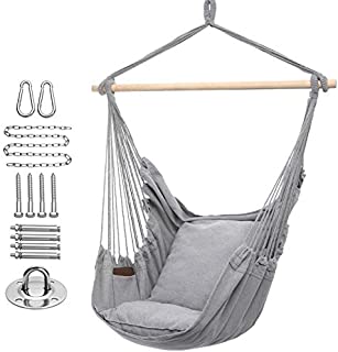 Y- STOP Hammock Chair Hanging Rope Swing, Max 320 Lbs, 2 Seat Cushions Included, Quality Cotton Weave for Superior Comfort, Durability (Light Grey)