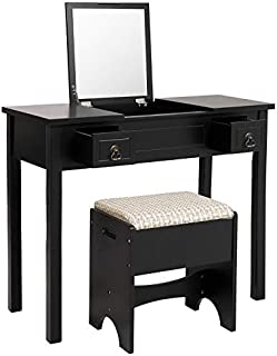 VASAGLE Vanity Set with Flip Top Mirror Makeup Dressing Table Writing Desk with 2 Drawers Cushioned Stool 3 Removable Organizers Easy Assembly, Black