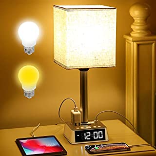 Table Lamp - Bedside Table Lamps with 4 USB Ports and AC Power Outlets, Alarm Clock Base w/ 6Ft Extension Cord, Square Oatmeal Fabric Lampshade Modern Accent Nightstand Lamps for Bedrooms Living Room