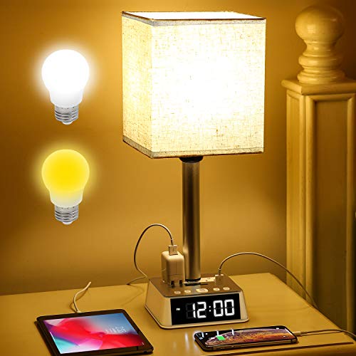 Table Lamp - Bedside Table Lamps with 4 USB Ports and AC Power Outlets, Alarm Clock Base w/ 6Ft Extension Cord, Square Oatmeal Fabric Lampshade Modern Accent Nightstand Lamps for Bedrooms Living Room