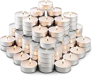 MontoPack Unscented Tea Lights Candles in Bulk | 100 White, Smokeless, Dripless & Long Lasting Paraffin Tea Candles | Small Votive Mini Tealight Candles for Home, Pool, Shabbat, Weddings & Emergencies