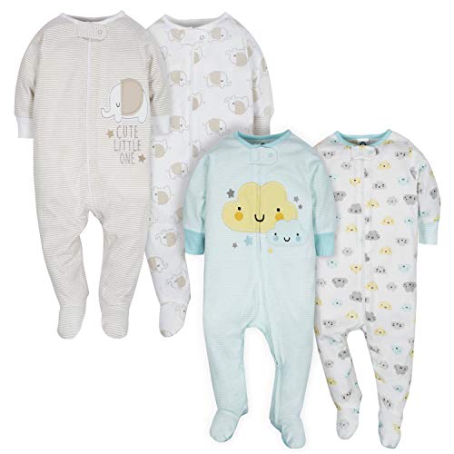 Gerber Baby 4 Pack Sleep'N Play Footie, Clouds/Elephant, Newborn