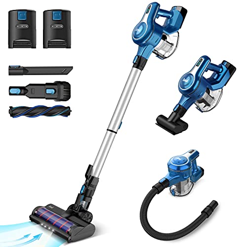 INSE S6P Cordless Vacuum Cleaner with 2 Batteries, Up to 80min Run-time Rechargeable Stick Vacuum, Lightweight Powerful Suction Handheld Vac for Hardwood Floor Carpet Pet Hair Car Bed, Blue