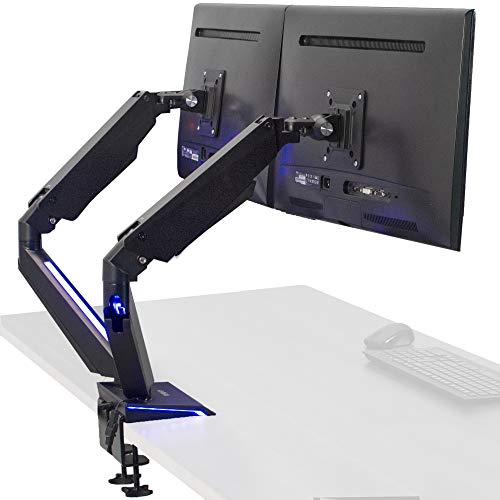 VIVO Premium Dual 17 to 32 inch Gaming Pneumatic Monitor Arms Clamp-on Desk Mount Stand with Blue LED Lights, Max VESA 100x100, Black STAND-GM2BB