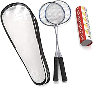 Trained Premium Quality Set of Badminton Rackets, Pair of 2 Rackets, Lightweight & Sturdy, with 5 LED SHUTTLECOCKS, for Professional & Beginner Players Adults and Children, Carrying Bag Included