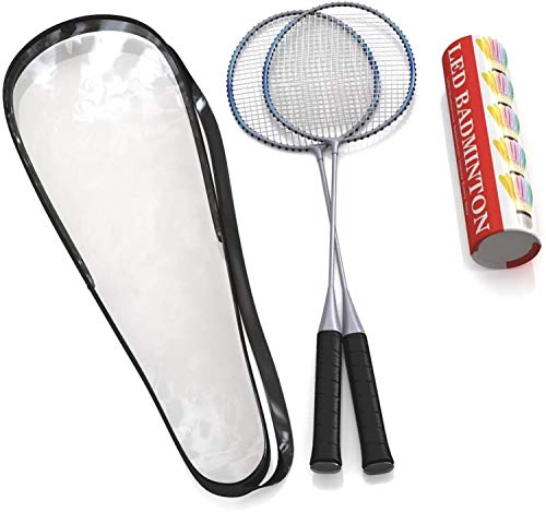 Trained Premium Quality Set of Badminton Rackets, Pair of 2 Rackets, Lightweight & Sturdy, with 5 LED SHUTTLECOCKS, for Professional & Beginner Players Adults and Children, Carrying Bag Included