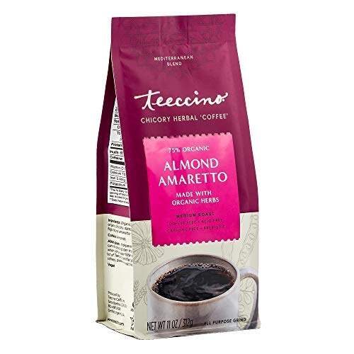 Teeccino Chicory Coffee Alternative  Almond Amaretto  Ground Herbal Coffee Thats Prebiotic, Caffeine Free & Acid Free, Medium Roast, 11 Ounce