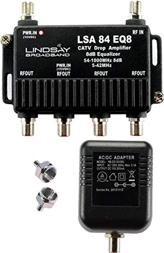 4-Port Cable TV/Antenna/HDTV/Internet Digital Signal Amplifier/Booster/Splitter/Equalizer with Passive Return, F59 Terminators (Lindsay LSA84-EQ8)