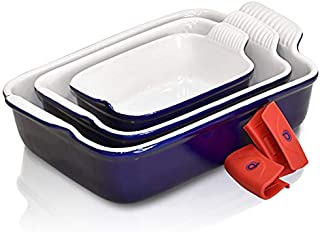 PERLLI Ceramic Baking Dish Pan Set, 3 Piece Nonstick Rectangular Bakeware Dishes Set, Classic Blue Lasagna Cookware Pans Casserole Dish, with Silicone Pot Handle Grips