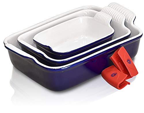 PERLLI Ceramic Baking Dish Pan Set, 3 Piece Nonstick Rectangular Bakeware Dishes Set, Classic Blue Lasagna Cookware Pans Casserole Dish, with Silicone Pot Handle Grips