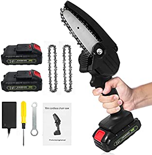 Cordless Mini Chainsaw, 4-Inch Handheld Electric Chain Saw with Portable Powerfor Tree Branch Wood Cutting (2 Battery & 2 Chain &1 Box & Installation Tool)