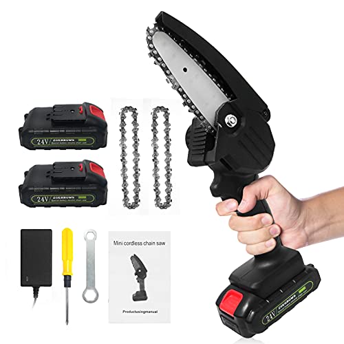 Cordless Mini Chainsaw, 4-Inch Handheld Electric Chain Saw with Portable Powerfor Tree Branch Wood Cutting (2 Battery & 2 Chain &1 Box & Installation Tool)