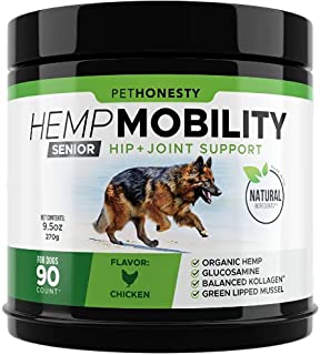 PetHonesty Senior Hemp Mobility - Hip & Joint Supplement for Senior Dogs - with Hemp Oil & Hemp Powder, Glucosamine, Collagen, MSM, Green Lipped Mussel, Dog Treats Improve Mobility, Reduces Discomfort