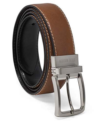 Steve Madden Men's Dress Casual Every Day Reversible Leather Belt, Cognac/Black (Feather Edge), 36