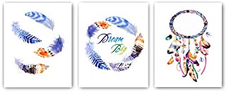 3 Set -Boho Tribal Art decor, Tribal Watercolor Dream Feather Art Prints, makeup art printsNordic Dream Catcher Pictures for Living Room Bedroom Home Decor - No Frame,8