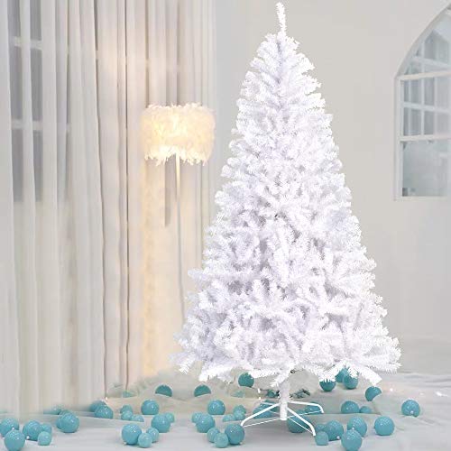 La fete 9FT White Hinged Artificial Christmas Tree, Jumbo Pine Xmas Tree with Metal Legs, Premium Unlit Spruce Full Tree with 2132 Branch Tips, Perfect for Indoor Holiday Deco (White, 9ft hinged)