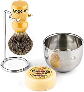 Shaving Brush Set, 4in1 Anbbas Fine Badger Shave Brush Wood Handle,Stainless Steel Shaving Stand and Soap Cup Dia 3.2inches with Shaving Soap Bar Natural Organic 3.5oz for Men