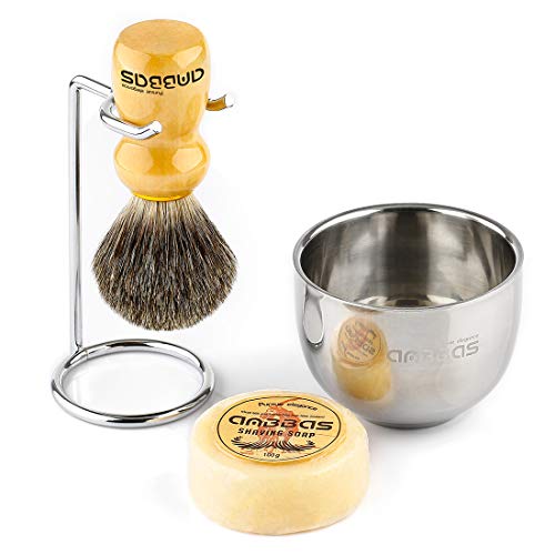 Shaving Brush Set, 4in1 Anbbas Fine Badger Shave Brush Wood Handle,Stainless Steel Shaving Stand and Soap Cup Dia 3.2inches with Shaving Soap Bar Natural Organic 3.5oz for Men