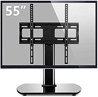 Universal TV Stand Base Replacement with Swivel Mount for 27 32 37 40 42 46 50 55 inch LCD LED Plasma Flat Screens, Height Adjustable Table Top Pedestal Center TV Stand with Black Tempered Glass Base