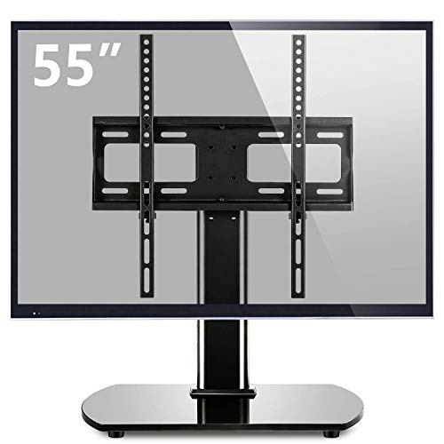 Universal TV Stand Base Replacement with Swivel Mount for 27 32 37 40 42 46 50 55 inch LCD LED Plasma Flat Screens, Height Adjustable Table Top Pedestal Center TV Stand with Black Tempered Glass Base