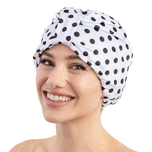 Deco Dots Elegant Reusable Shower Cap - Waterproof - Large Shower Cap for Women Long Hair - Double Layer Shower Caps Reusable - Shower Caps for Women Reusable - Shower Hair Cap, Bath Cap, Hair Cover