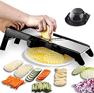 GProMe Mandoline Slicer  Adjustable Thickness Vegetable Mandolin, Fruit Potato Slicer, French Fries Cutter, Food Waffle,Julienne Grater Sharp Stainless Steel Blades(black)