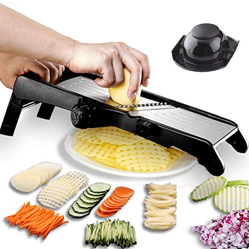 GProMe Mandoline Slicer  Adjustable Thickness Vegetable Mandolin, Fruit Potato Slicer, French Fries Cutter, Food Waffle,Julienne Grater Sharp Stainless Steel Blades(black)