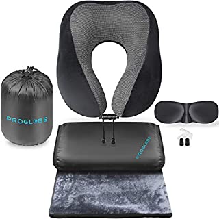 Proglobe Travel Blanket Luxury Travel Set - Ergonomic Airplane Neck Pillow 100% Pure Memory Foam and Super Soft Fleece Blanket - Premium 3D Sleep Mask & Earplugs - Ultimate 4-in-1 Travel Kit Black