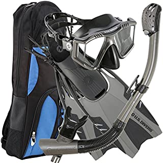 U.S. Divers Lux Platinum Snorkeling Set - Panoramic View Mask, Pivot Fins, GoPro Ready Dry Top Snorkel + Gear Bag, Gun Metal, LG/XL (Men 9-13, Women 10-14) (253618)