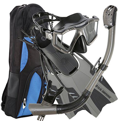 U.S. Divers Lux Platinum Snorkeling Set - Panoramic View Mask, Pivot Fins, GoPro Ready Dry Top Snorkel + Gear Bag, Gun Metal, LG/XL (Men 9-13, Women 10-14) (253618)