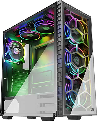 MUSETEX 6pcs 120mm ARGB Fans and USB3.0 ATX Mid-Tower Chassis Gaming PC Case, 2 Tempered Glass Panels Gaming Style Windows Computer Case Desktop Case903-S6