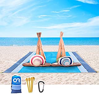 Outer Beach Mat, Portable Outdoor Sand Proof and Waterproof Picnic Beach Mat for Travel, Sand Blanket Includes Carabiner and 4 Anchor Stakes for Hiking Camping and Music Festivals (Gray-Blue-Gray)