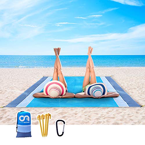 Outer Beach Mat, Portable Outdoor Sand Proof and Waterproof Picnic Beach Mat for Travel, Sand Blanket Includes Carabiner and 4 Anchor Stakes for Hiking Camping and Music Festivals (Gray-Blue-Gray)