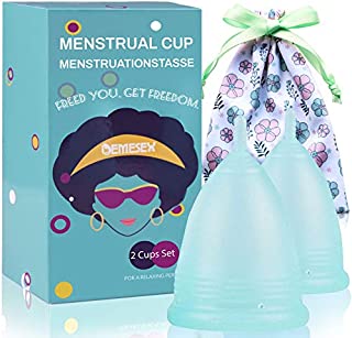 Menstrual Cup (1Large + 1Small Cup + 1Storage Bag) Period Cup for Heavy&Light Flow Soft and Reusable Moon Cup HQ Silicone Tampons and Pads Alternative, Blue 