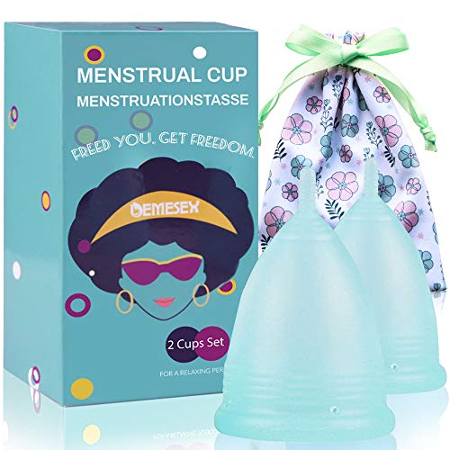 Menstrual Cup (1Large + 1Small Cup + 1Storage Bag) Period Cup for Heavy&Light Flow Soft and Reusable Moon Cup HQ Silicone Tampons and Pads Alternative, Blue 