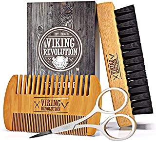 Viking Revolution Beard Comb & Beard Brush Set for Men - Natural Boar Bristle Brush and Dual Action Pear Wood Comb w/Velvet Travel Pouch - Great for Grooming Beards and Mustaches