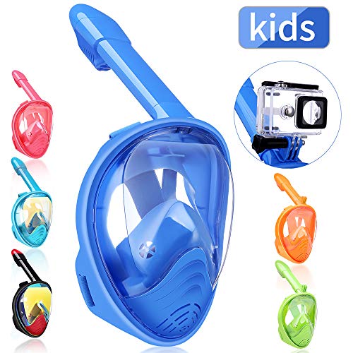 QingSong Full Face Snorkel Mask Kids, Snorkeling Set with Camera Mount, 180 Degree Panoramic View Anti-Fog Anti-Leak Snorkeling Gear