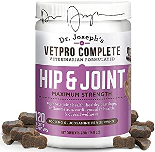 VetPro Complete Glucosamine for Dogs Hip & Joint Care - Maximum Strength Soft Chews with Chondroitin, MSM, Turmeric, Vitamin C, Omega 3 - Treats Hip Dysplasia, Arthritis, Pain - 120 Chicken Flavor