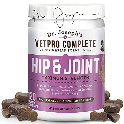 VetPro Complete Glucosamine for Dogs Hip & Joint Care - Maximum Strength Soft Chews with Chondroitin, MSM, Turmeric, Vitamin C, Omega 3 - Treats Hip Dysplasia, Arthritis, Pain - 120 Chicken Flavor