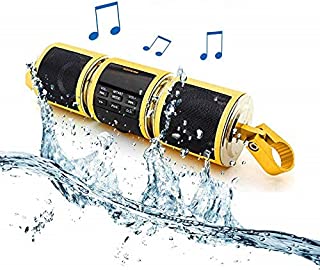 MASO Waterproof Bluetooth Wireless Motorcycle Stereo Speakers Handlebar Mount MP3 Music Player Audio Amplifier System Scooter Bike ATV UTV Jet Ski, AUX in, USB, microSD, FM Radio- Gold