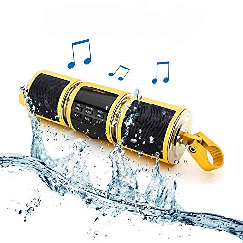 MASO Waterproof Bluetooth Wireless Motorcycle Stereo Speakers Handlebar Mount MP3 Music Player Audio Amplifier System Scooter Bike ATV UTV Jet Ski, AUX in, USB, microSD, FM Radio- Gold