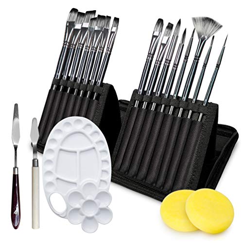 Adkwse Paint Brush Set for Acrylic Oil Watercolor Canvas Gouache Painting Brushes Includes Pop-up Carrying Case with 1 Paint Tray, 2 Palette Knife and 2 Sponges Knife and 2 Sponges